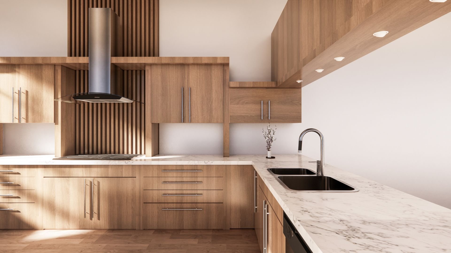 Modern wooden kitchen with marble countertops and sleek stainless steel appliances